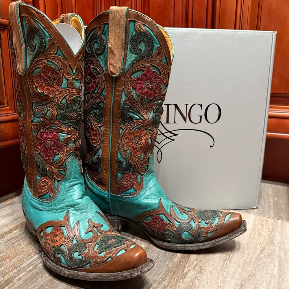 Old Gringo Abelina Turquoise Brown Floral Hand-Tooled Western Cowboy Boots Rodeo